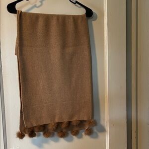 Fish Design Tan Scarf with Pom Poms
